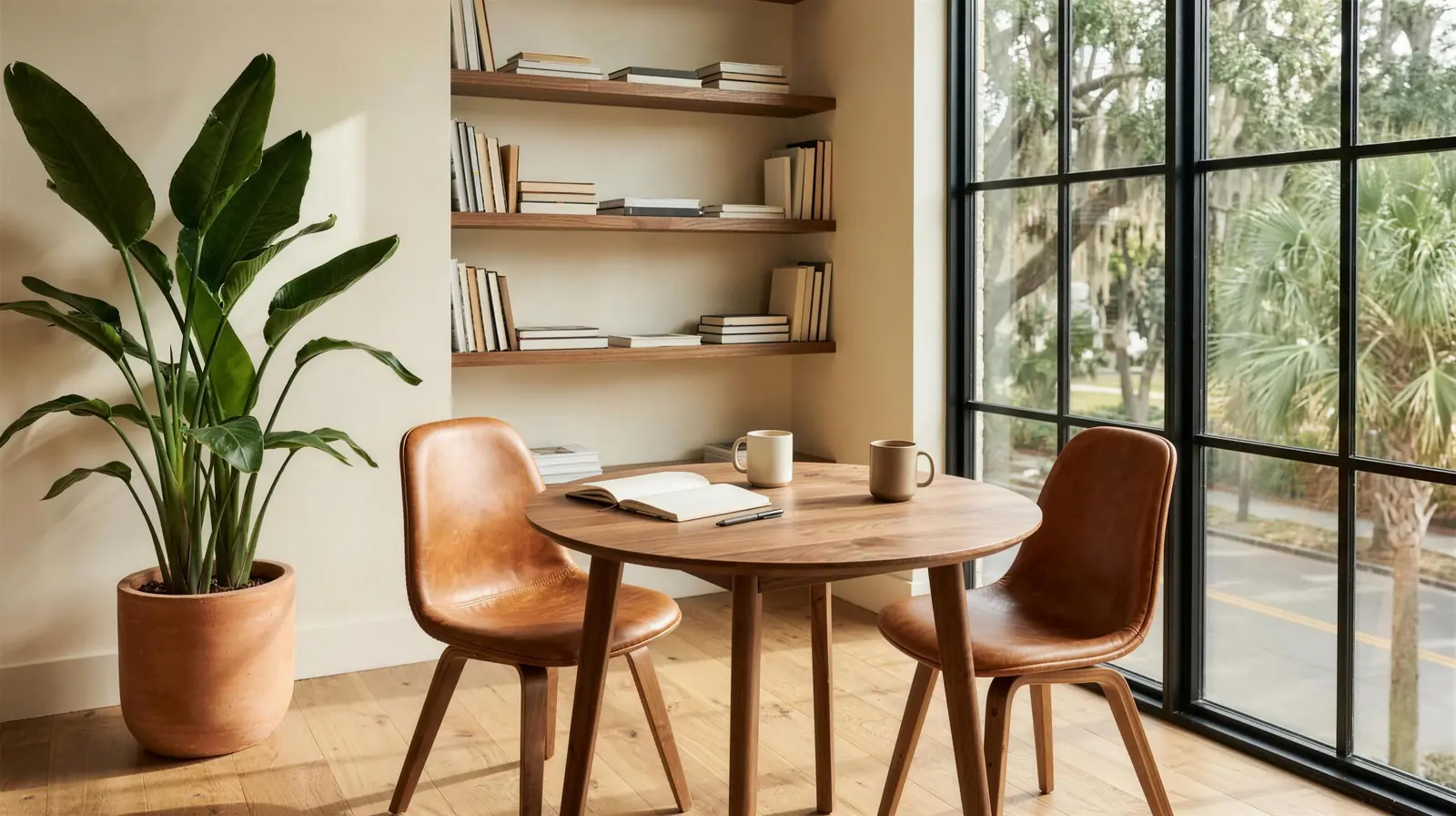 Concept rendering of a corner table set for two, Maai® Savannah studio
