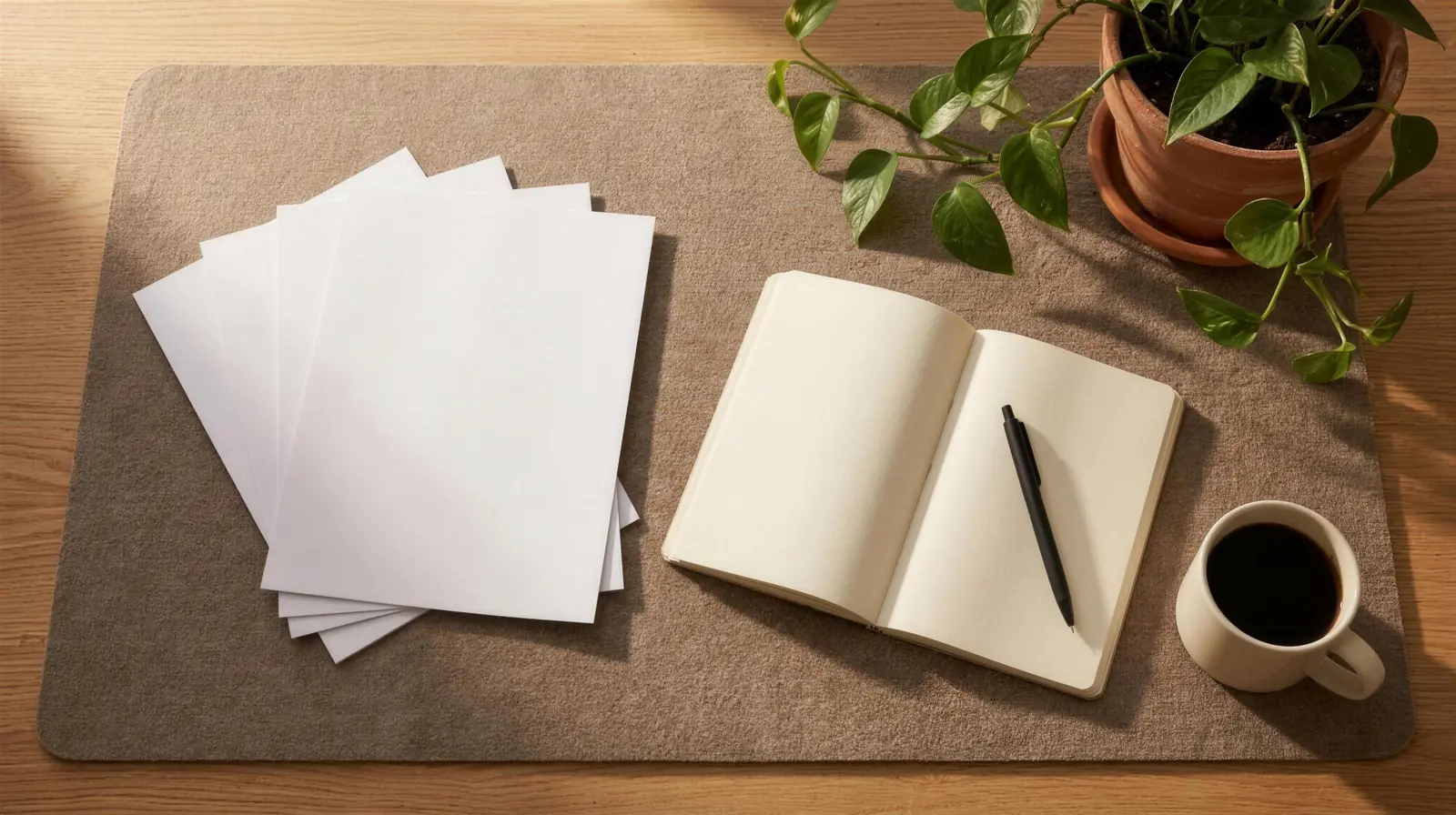 Concept rendering of a desk with open pages and a coffee cup, Maai® Savannah studio