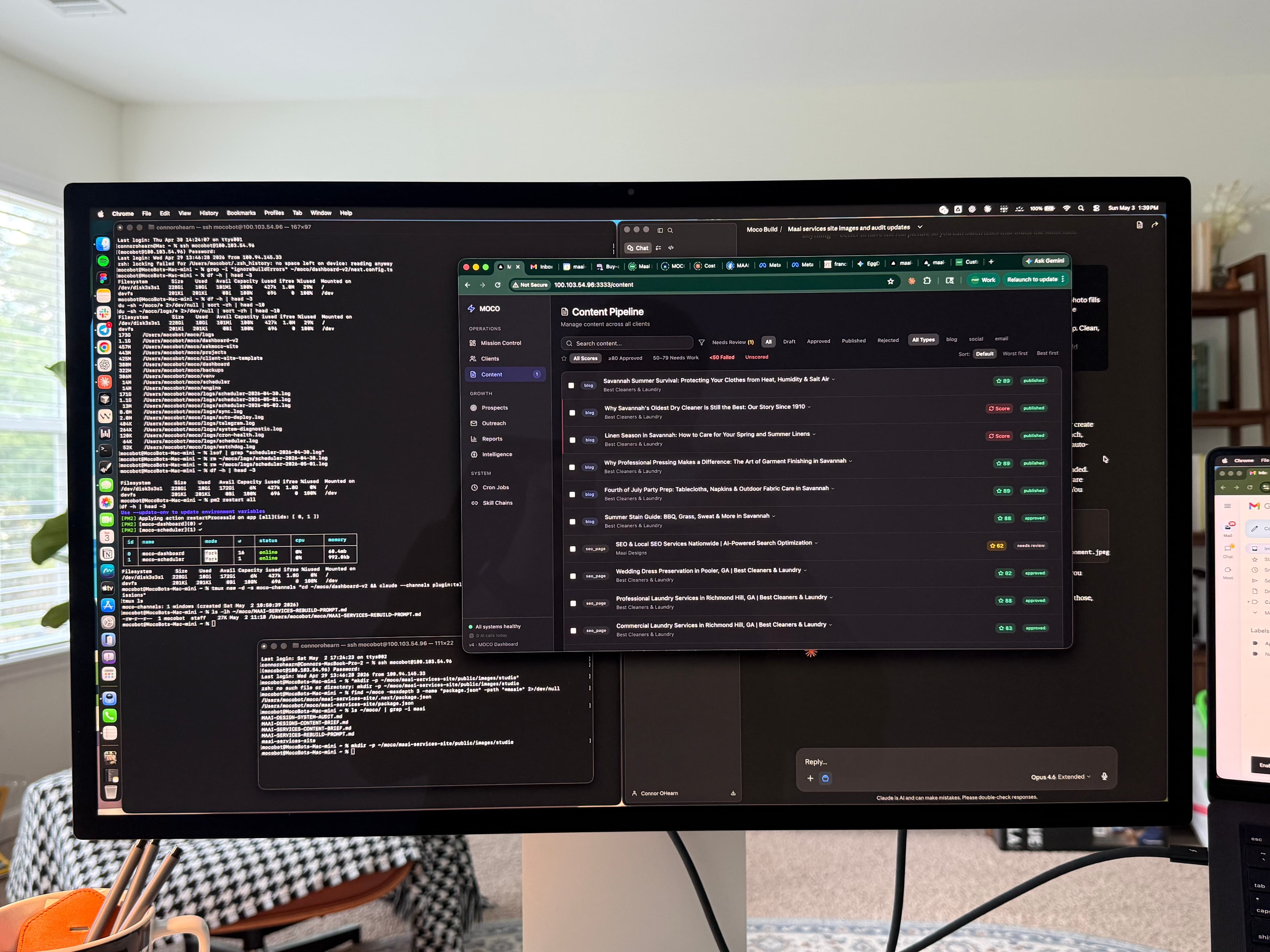 MOCO dashboard content pipeline alongside a terminal session — the system in production